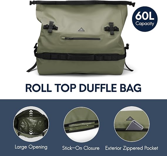 Haimont IPX7 Waterproof Roll-Top Dry Duffel Backpack, Army Green, 60L