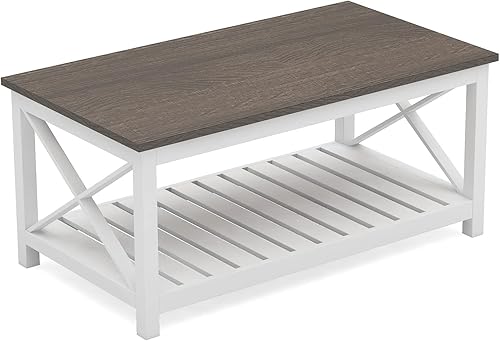 Miniatura 7 de ChooChoo Coffee Table, Rustic Farmhouse Table with Shelf for Living Room, Vintage Finish White