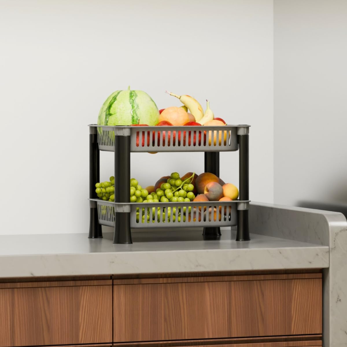 Multipurpose Tiered Shelf Floor Mount Foldable Plastic Storage Rack Basket Stand for Home, Office and Kitchen (Grey, 2 Layer)