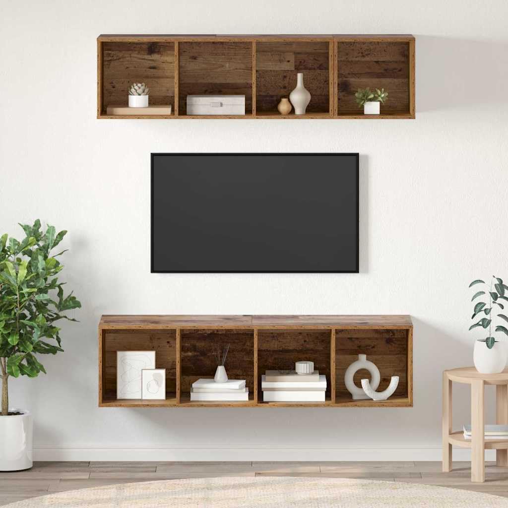 TV-Schrankset Wandmontiert 3er-Set, Altholz Holzwerkstoff, Modernes Design, 37x37x142,5 cm, für Wohnzimmer, Media Center, Stauraum