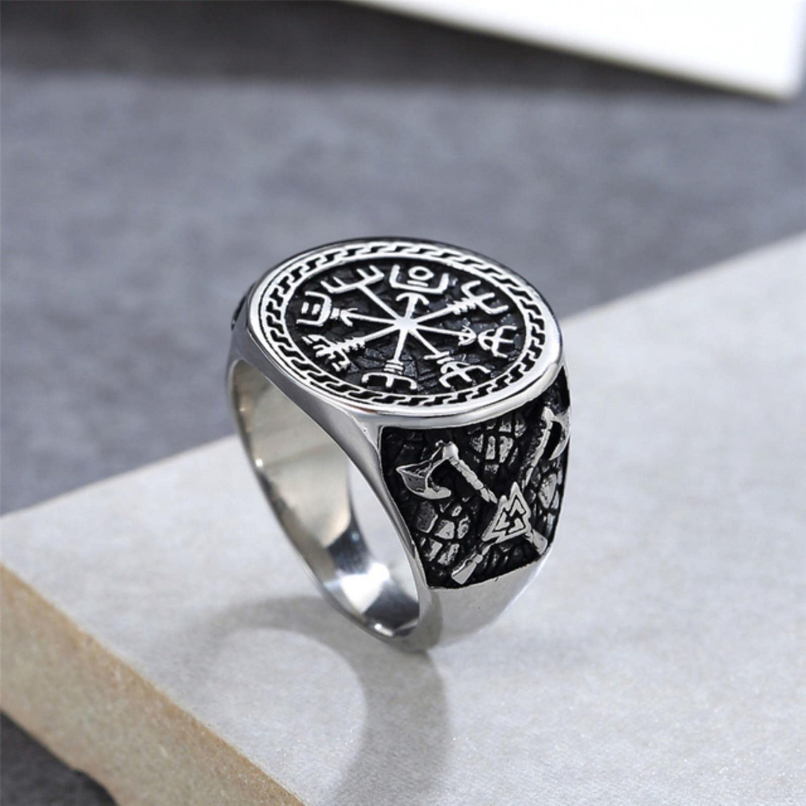 XJruixi Vintage Viking Aegishjalmur Men's Ring Stainless Steel Nordic Pattern Compass Vegvisir Rings For Men Amulet Pattern Jewelry Gift
