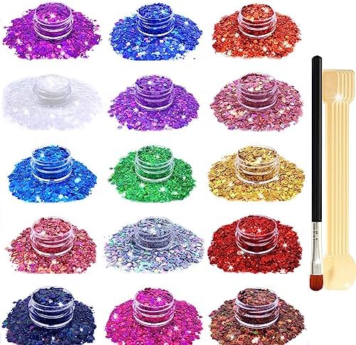 Nail Glitter SUPGIFT 15 Colors 130g Holographic Chunky Cosmetic Laser Sequins for Makeup Hair Body Art Slime Craft Resin with Brush 5 Spoons