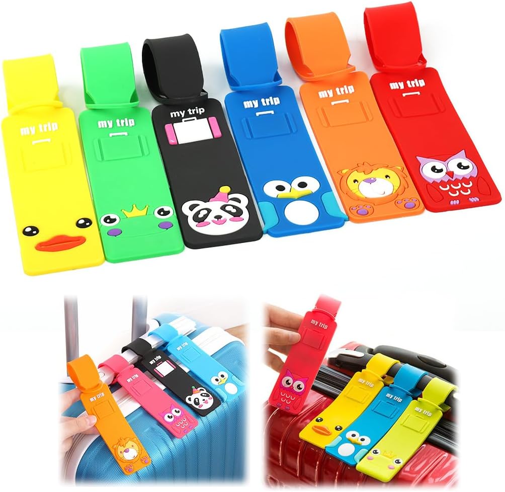 HANNEA® 6 Pcs Silicone Luggage Tags, 24x4cm Cartoon Name ID Card, Anti-Lost Handle Identify Labels, Soft Durable Suitcase Tags for Women Men (Multicolor)