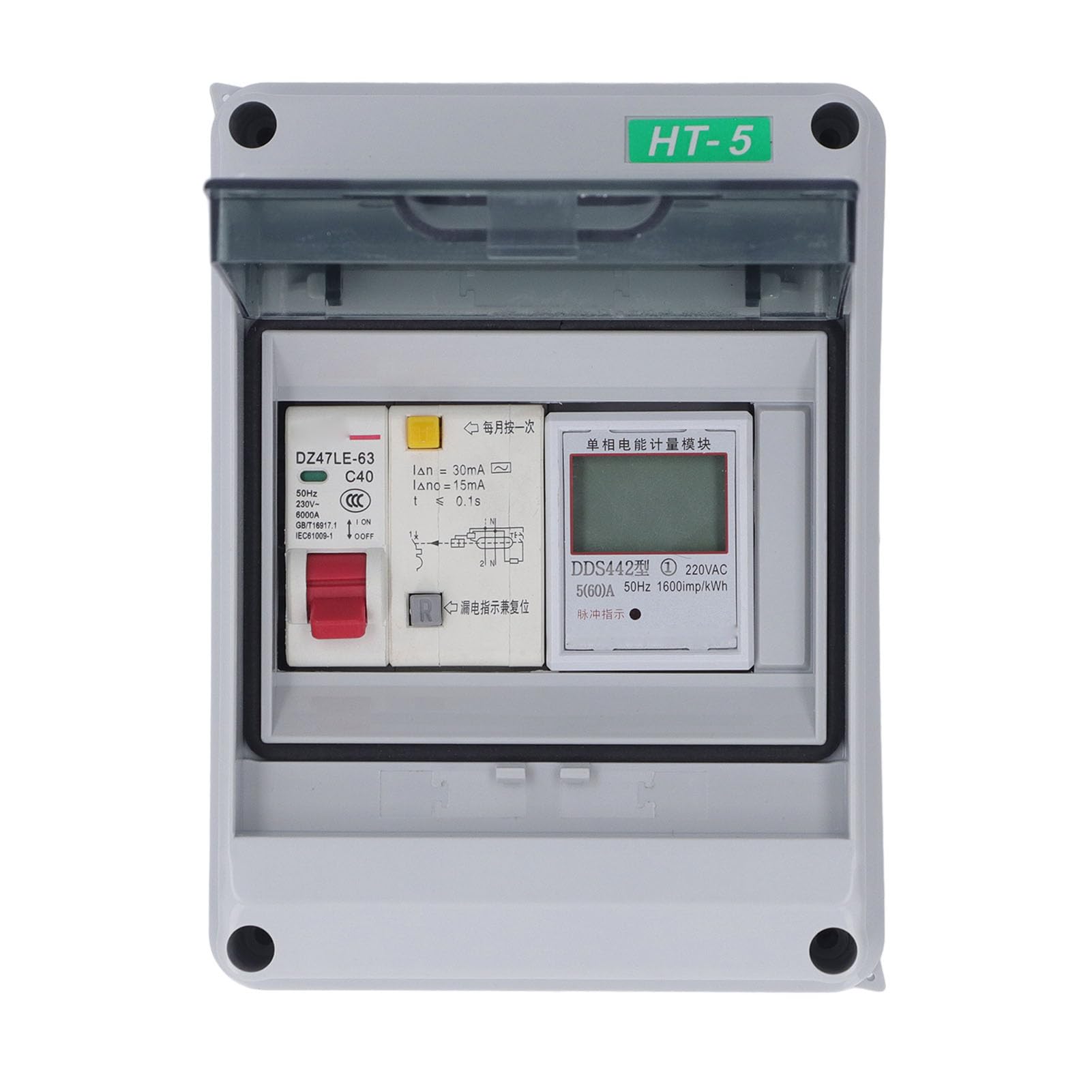 Buachois Caja de Distribución, 2 Vías, IP65, PC, 230VAC 40A, con Interruptor de Fuga y Medidor, para Garaje Taller