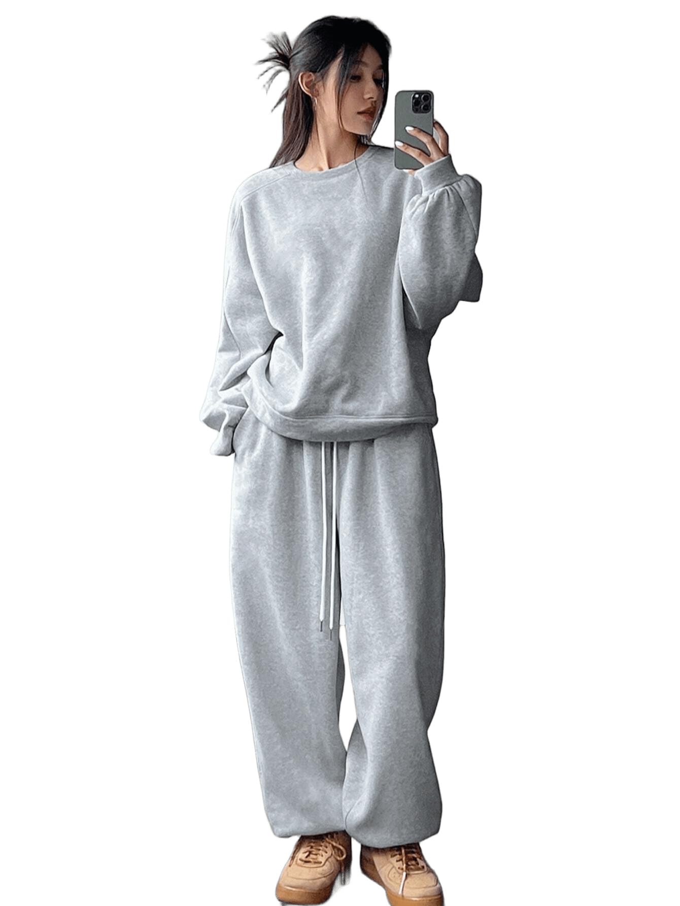 sxv style SXV 2pcs Women's Casual Solid Color Crew Neck Loose Fit Sweater And Drawstring Straight Leg Pants Set-picture-26