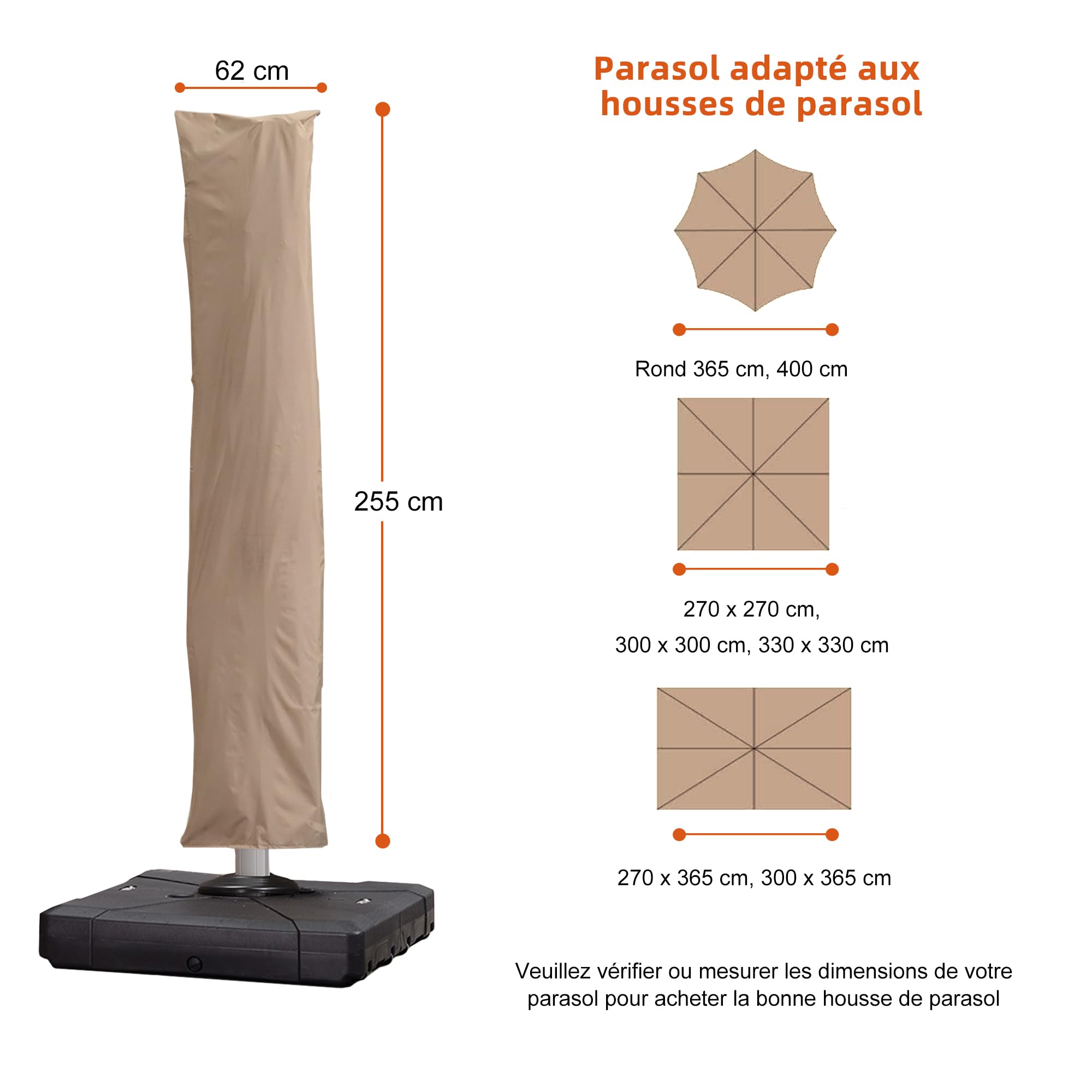 PURPLE LEAF - Funda protectora para sombrilla de jardín, 3 x 3 m, resistente al viento, anti-UV, cubierta para sombrilla exterior con varilla y cremallera, 255 x 62 cm, color beige
