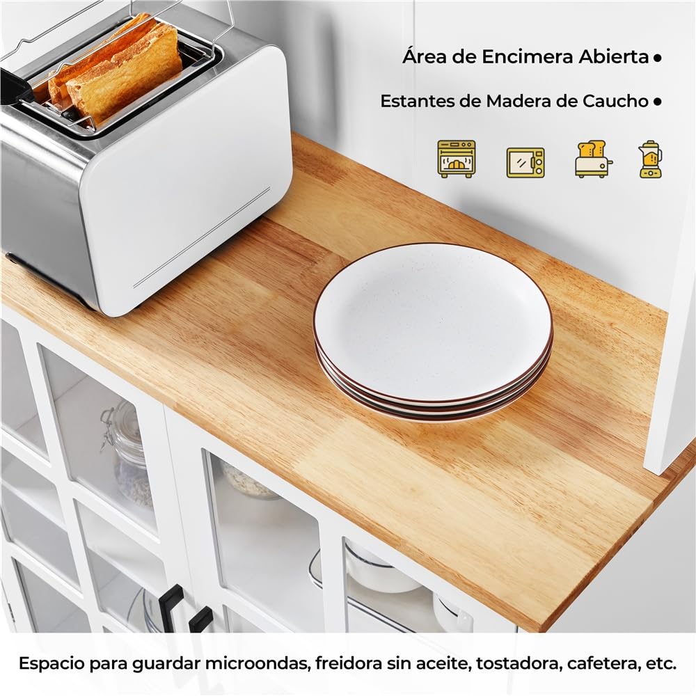 Yaheetech Alacena de Cocina Mueble Buffet Armario de Cocina Aparador de Almacenaje con Puertas de Vidrio, Estantes Ajustables 80 × 37 × 183 cm