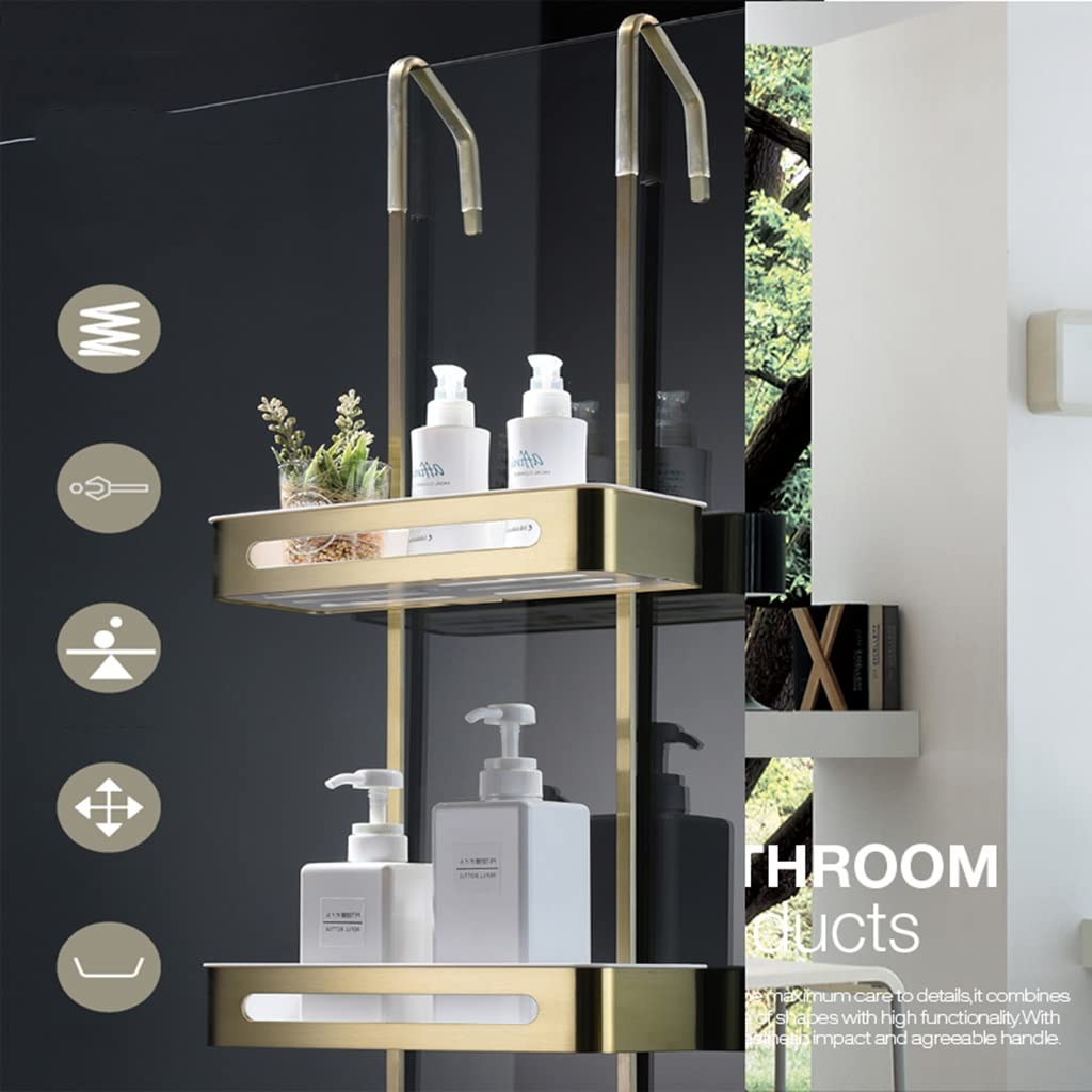 Organizador para puerta de ducha con ganchos, a prueba de óxido, cesta de almacenamiento para colgar en la ducha, estantes de baño, instalación sin taladros (dorado)
