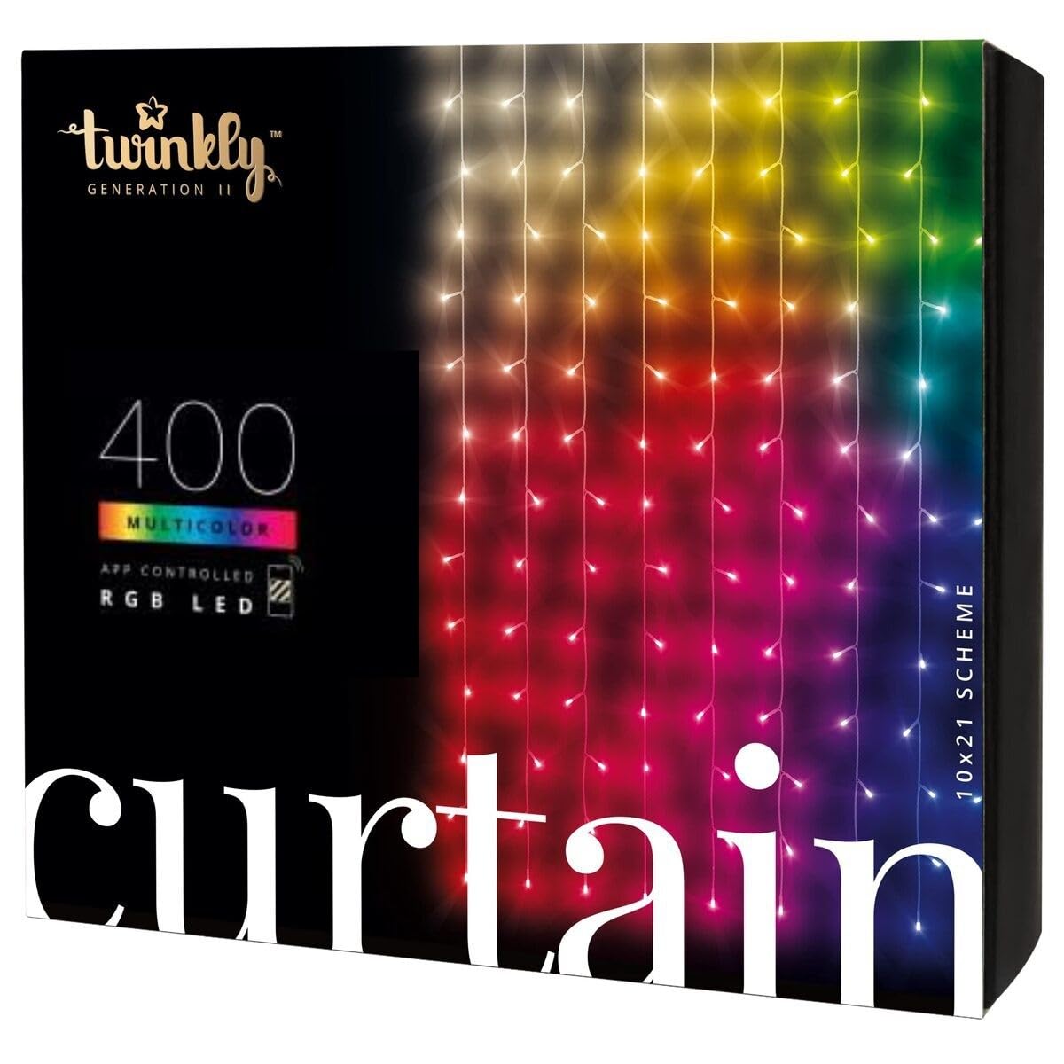Twinkly Curtain 400 LED RGB+biały, łańcuch świetlny na zewnątrz i wewnątrz, inteligentne światła RGB i białe, kompatybilne z Alexa, Google Home, IP44, sterowanie aplikacją, przezroczysty przewód, 3m x
