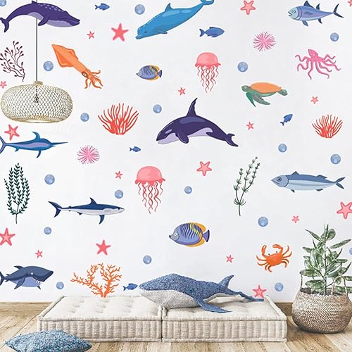 Miniatura 6 de PartyKindom Pegatinas de pared de mundo marino, calcomanías de dibujos animados extraíbles, debajo del mar, calcomanías de pared de paisajes