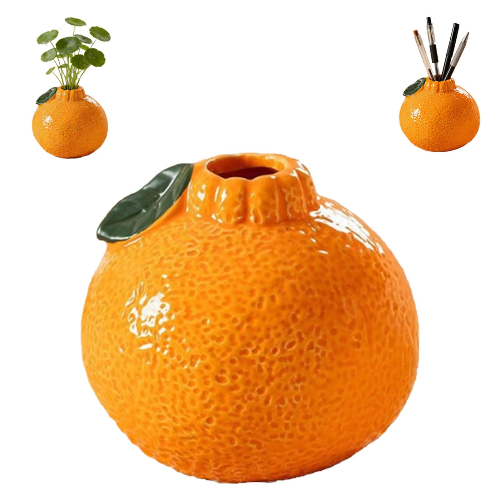 Ceramic Tangerine Plant Pots - Cute Orange Shape Flower Vase, Creative Fruit Styled Planter, Mini Orange Vase for Indoors Outdoor, for Home, Bookshelf, Office Décor (1PC)