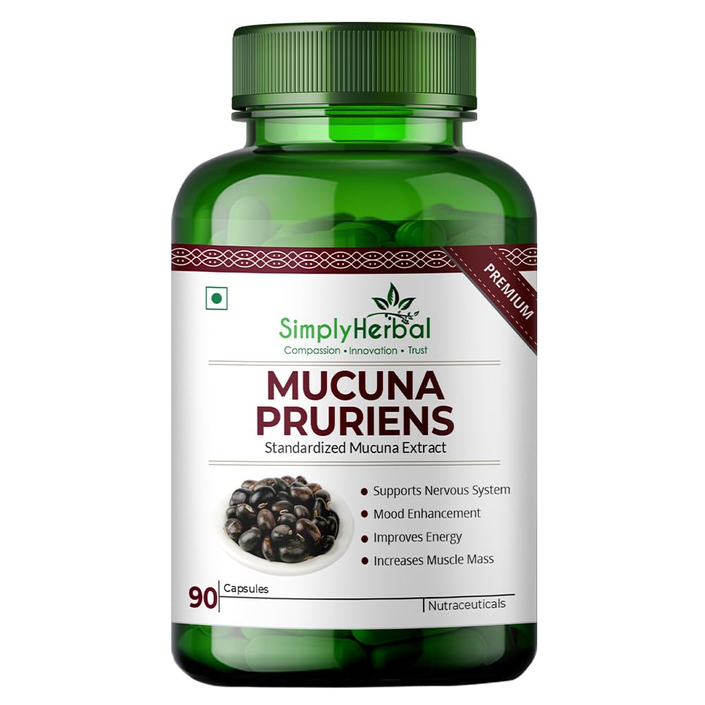 Simply Herbal Mucuna Pruriens Kapikachhu Extract Supplements 500mg, Black Kaunch Beej Dopamine Booster Complex Natural L-Dopa for Brain, Nervous & Immune System- 90 Capsules
