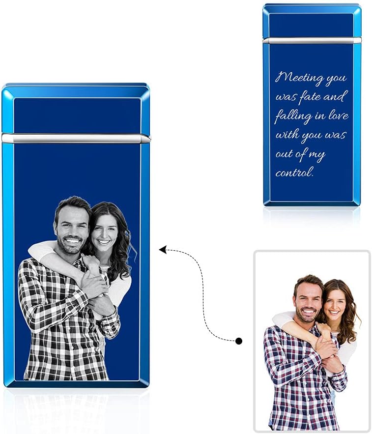 Personalized Lighter for Man Custom Lighters with Pictures Electric USB Rechargeable Lighter Engraved Photo Text Lighters Gift for Boyfriend Husband Father (Bule 2)