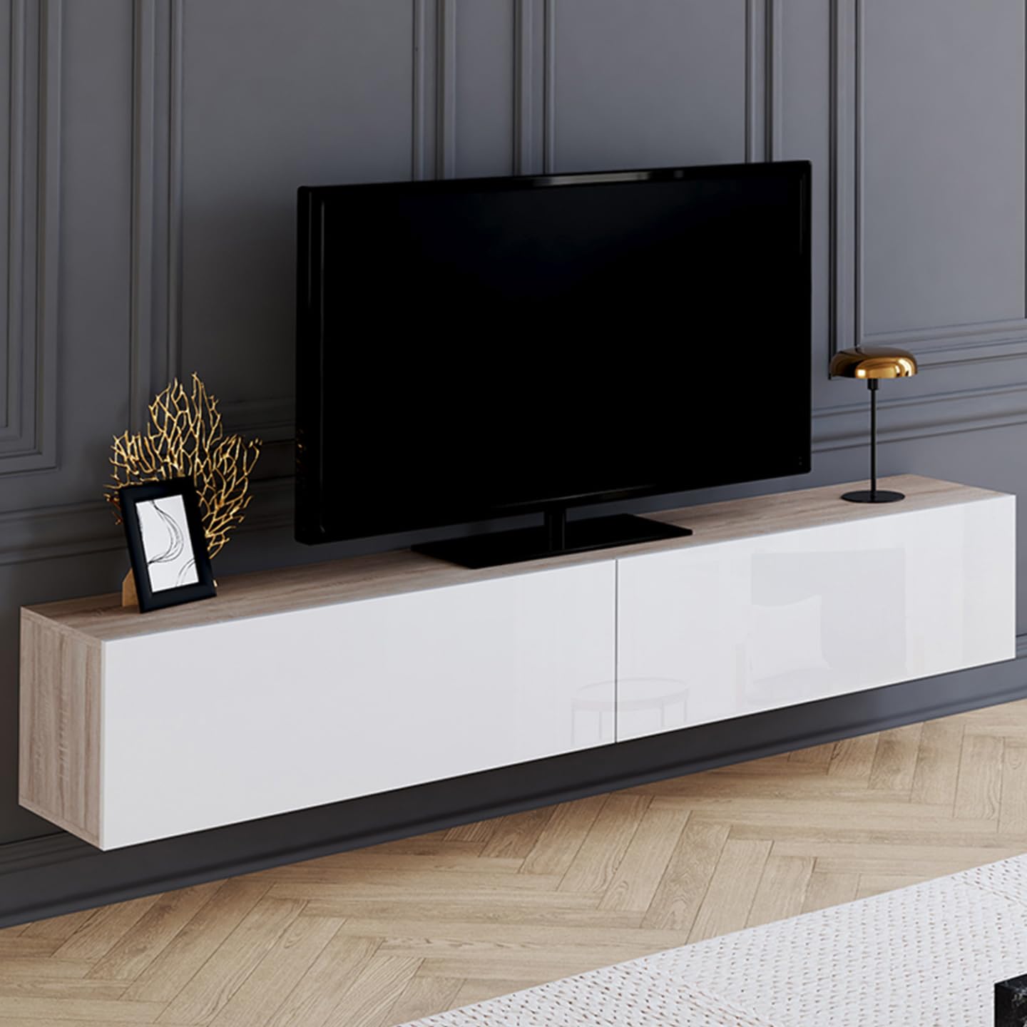 IDMarket - Mueble TV suspendido ELIO 2 puertas madera y blanco 180 cm