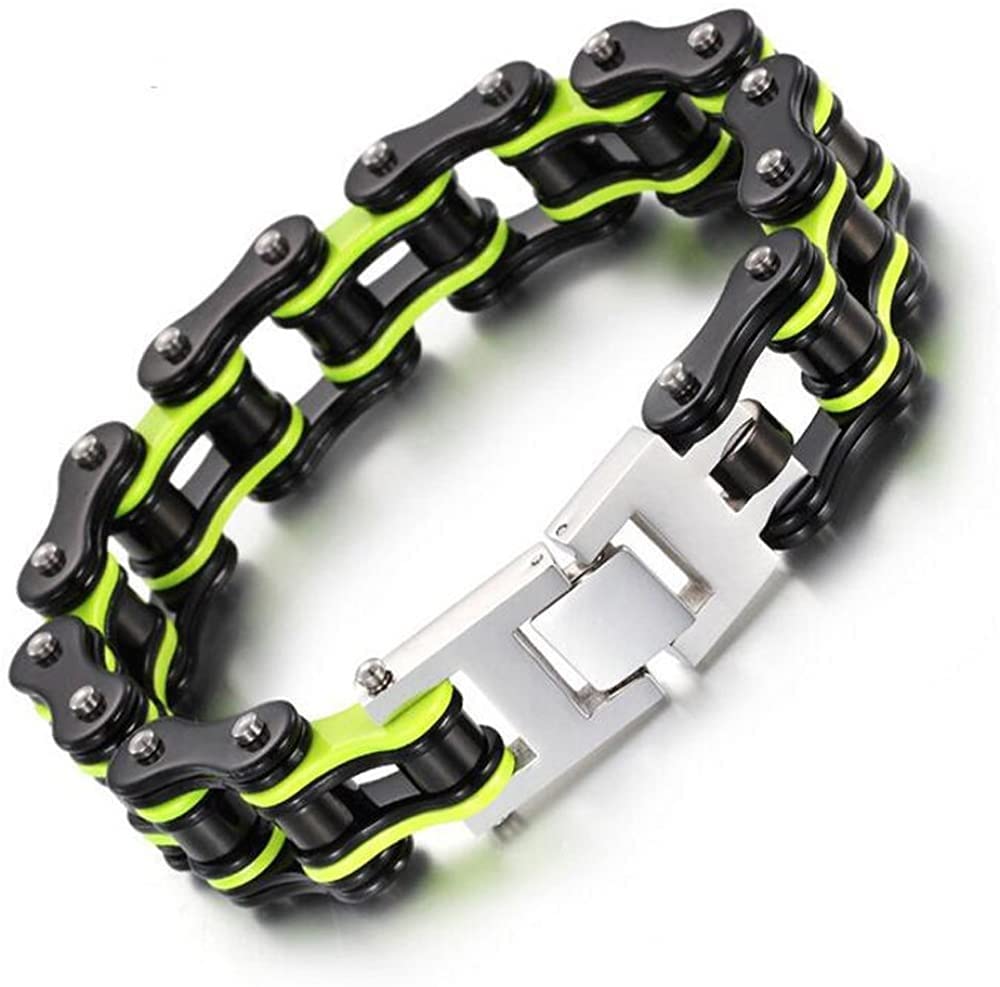 Uezenu 2022 Men's Vintage Stainless Steel Biker Bike Bracelet Motorcycle Chain Link Punk Wrist Bangle Black Green, 22CM (Color : Yellow)