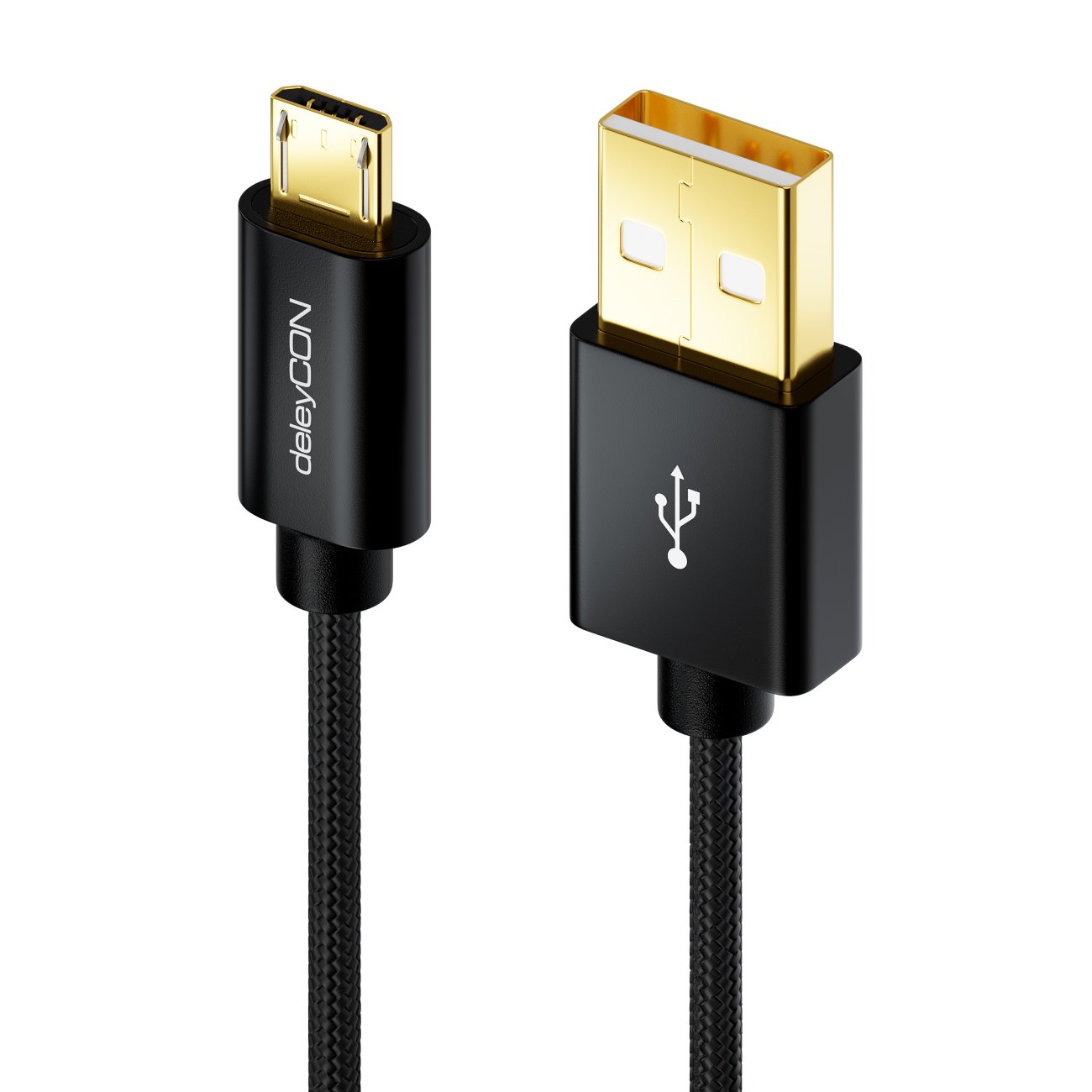 deleyCON Cavo Micro USB 0,15m Nylon + Cavo Metallico Cavo Dati di Ricarica Cavo di Ricarica Rapido Smartphone Tablet PC Laptop Notebook - Nero