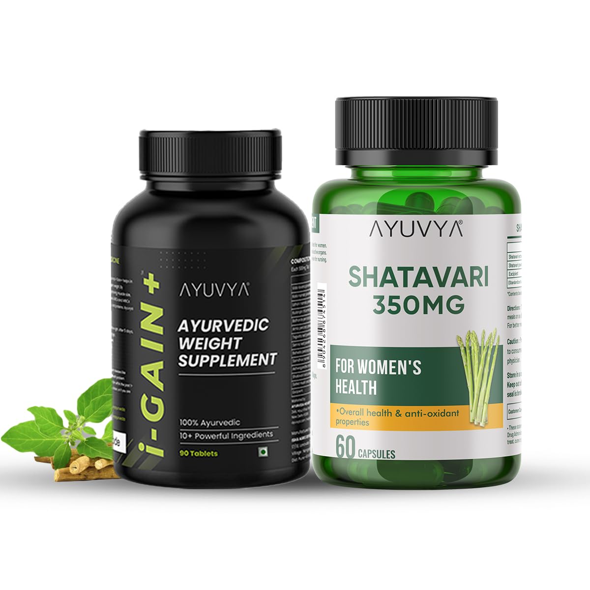 Ayuvya i-Gain+ Weight Gainer & Shatavari Capsules | Helps in Increasing Muscle Mass & Strength | Herbal & Natural, Weight Gain Tablets | Shatavari 500mg - Herb for Women's Health, Lactation Support, Stress Relief, and Anti-Aging | Combo