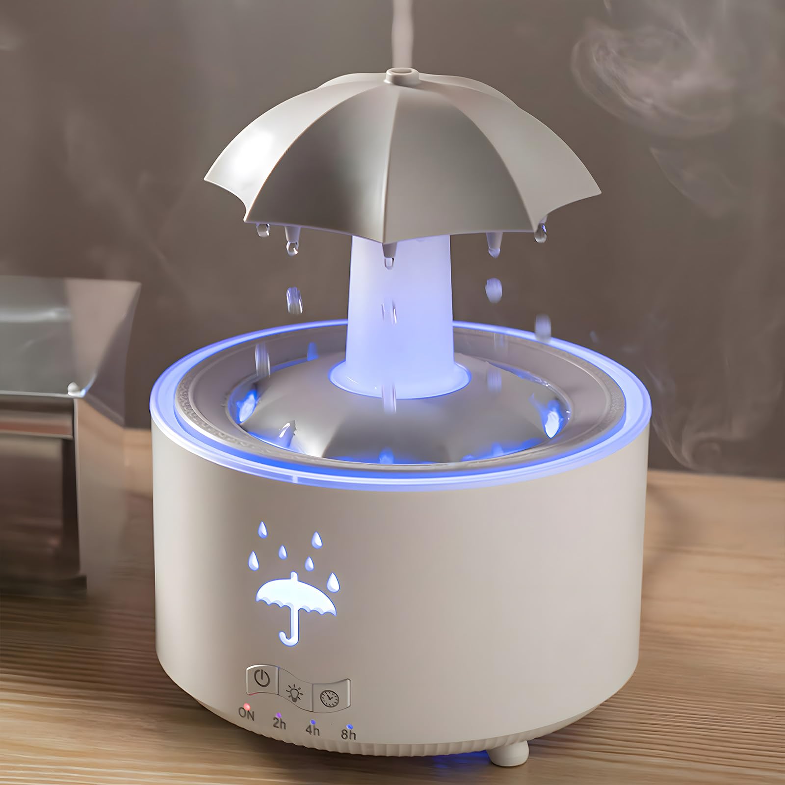 Essential Oil Diffuser for Bedroom, Cloud Rain Humidifier for Home, Ultrasonic 300ML Small Aromatherapy Diffuser,Water Drip Umbrella Humidifier, Rain Sounds, 7 LED Safety (White)