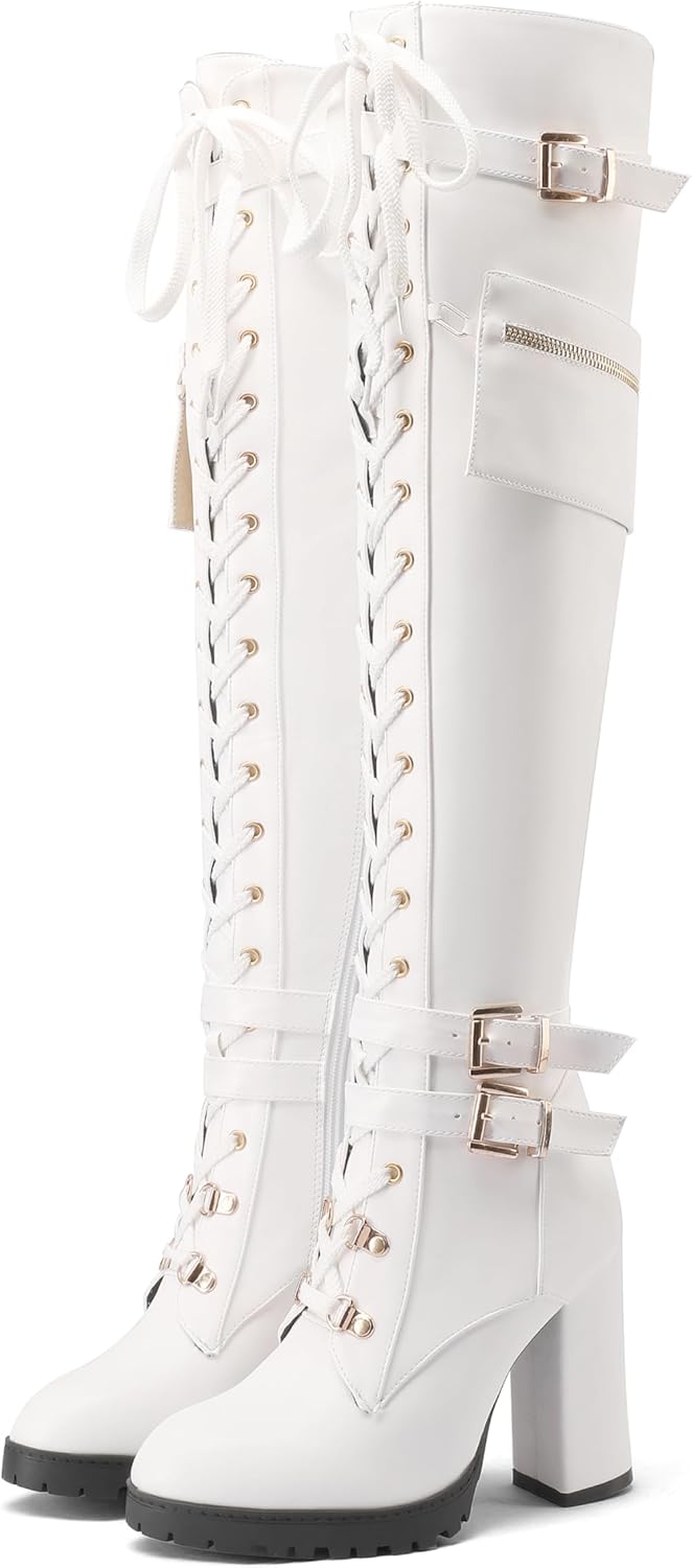 BEAUPAS Women's Over the Knee Combat Boots Lace-Up with Buckles Block Heel Platform Sole