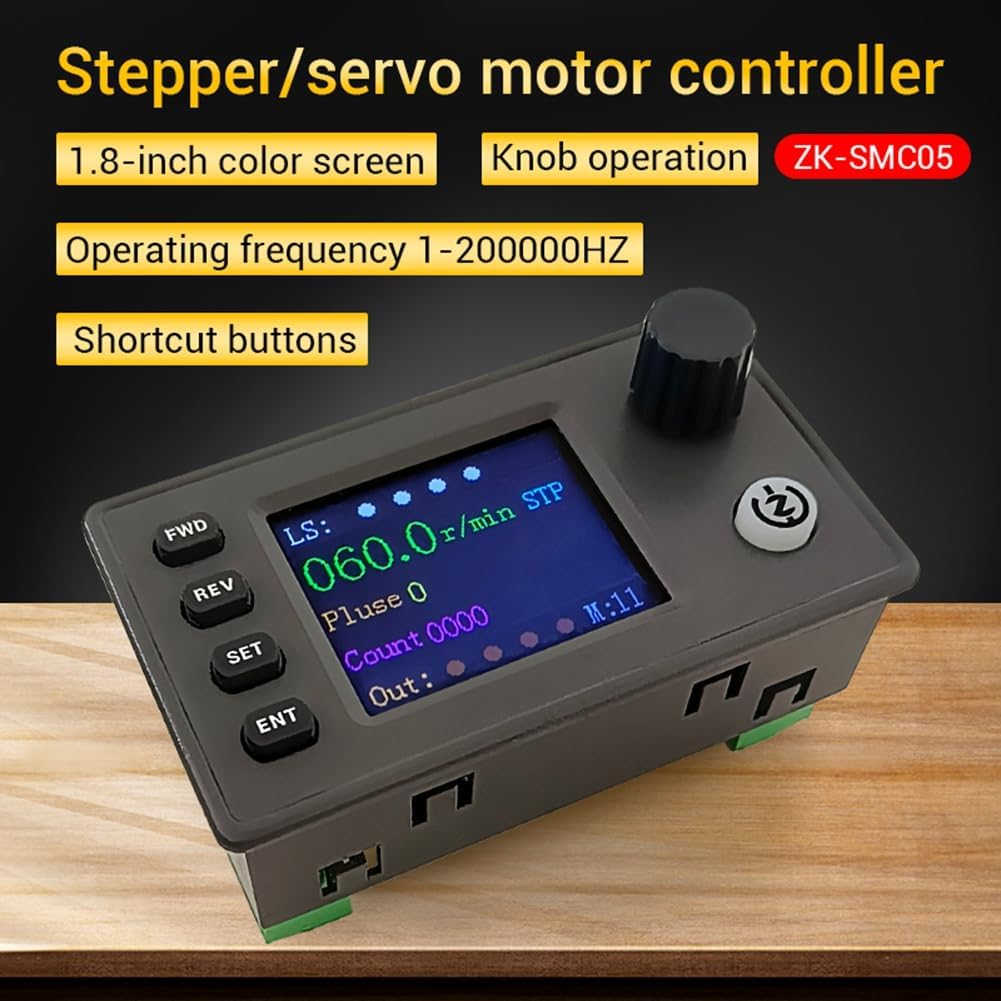 Close-up of the SMC05 controller highlighting the 1.8-inch color screen, knob operation, ZK-SMC05 model, operating frequency, and shortcut buttons.
