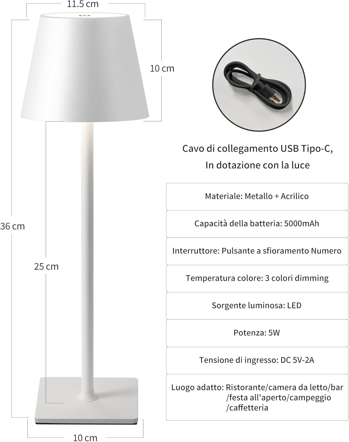 2 Lampada da tavolo senza fili BIANCO Led Touch Dimmerabile 3 modalità di luce Lampade ricaricabili impermeabile 3000-6500k
