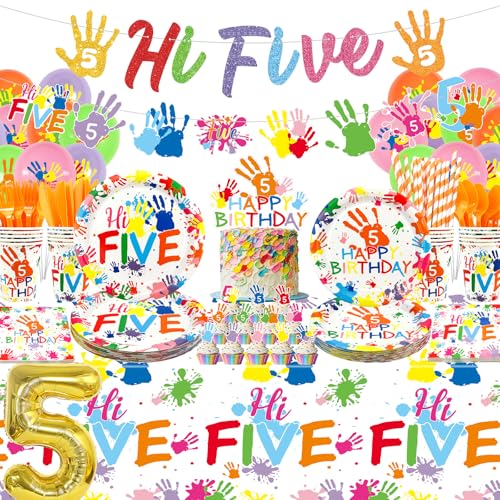 Hi Five Party Decoration ,Including Hi Five Party Banner, Dinner Plates, Dessert Plates, Cups, Napkins, Tablecloth, Straws, for Kids Boys Girls 5th Birthday Supplies Serves 20