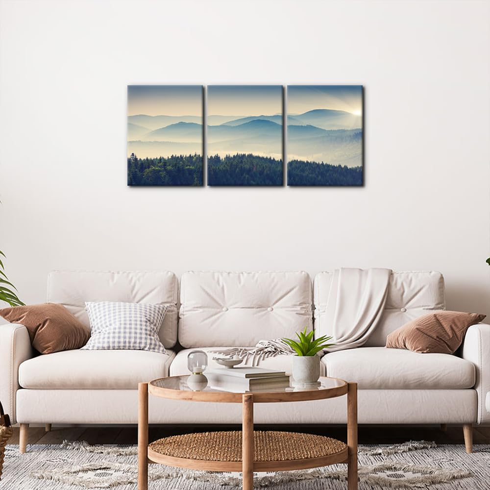 Pacimo 3 Pieces Canvas Print Wall Art Set Blue Mountain Ranges & Green Forest Nature Wilderness Photography Realism Chic Scenic Relax/Calm Multicolor for Living Room, Bedroom, Office - 12"x16"x3
