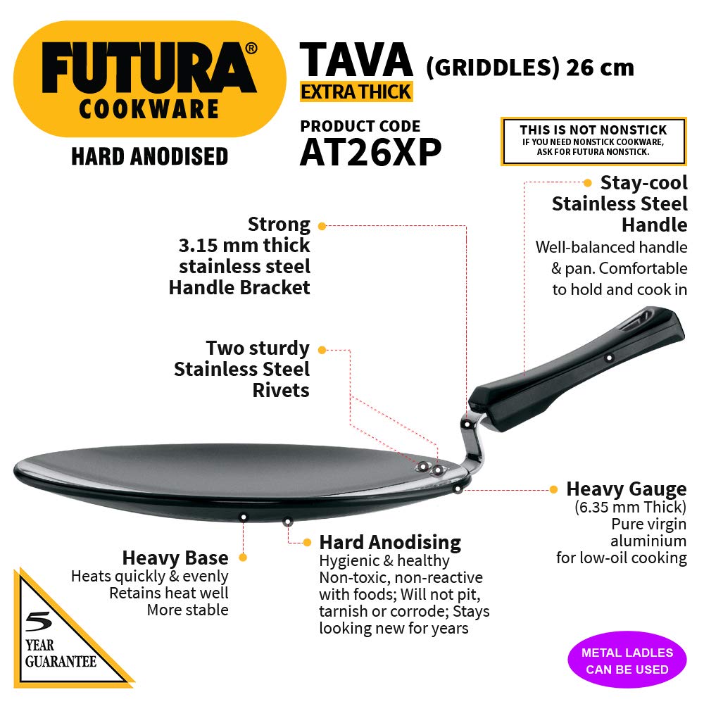 Futura Hard Anodised concave Tava Griddle, 4.06 mm, con Manico in Acciaio, Black, 10" with Plastic Handle.