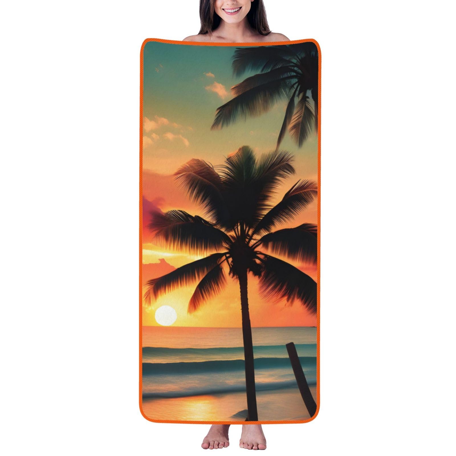 Nimongt Unisex Orange Tropical Beach Palm Tree Print Lightweight Comfort Coral Velvet Bath Towel Home Bathroom Hotel Spa Beach Travel