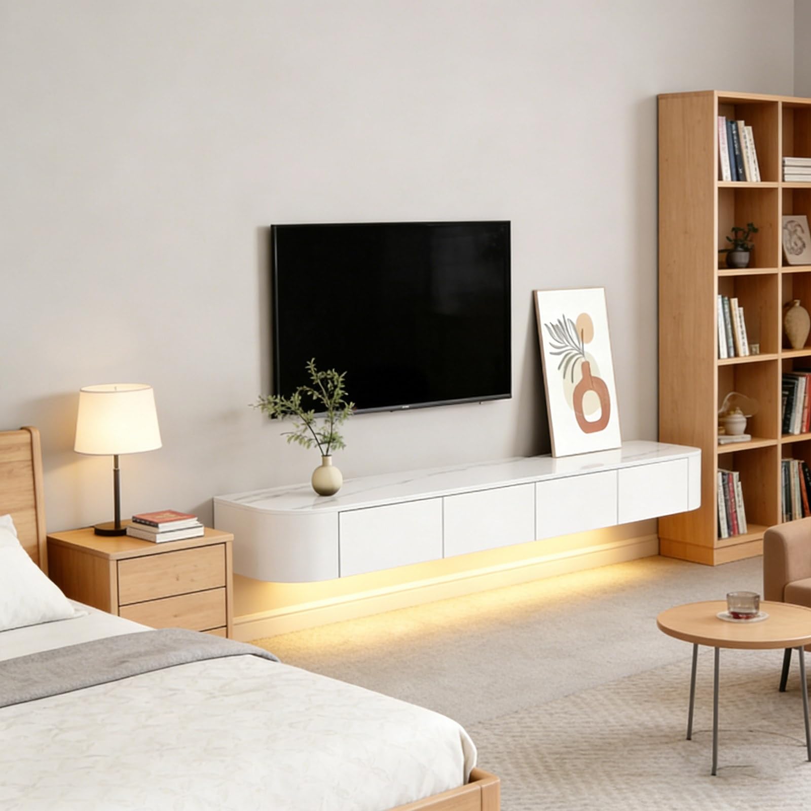 Modern Floating TV Stand with Storage Wall Mounted Media Console Entertainment Center for 47-118 Inch TV Solid Wood TV Cabinet with Drawers & Shelves for Living Room Bedroom(Rock White led,47.2IN)