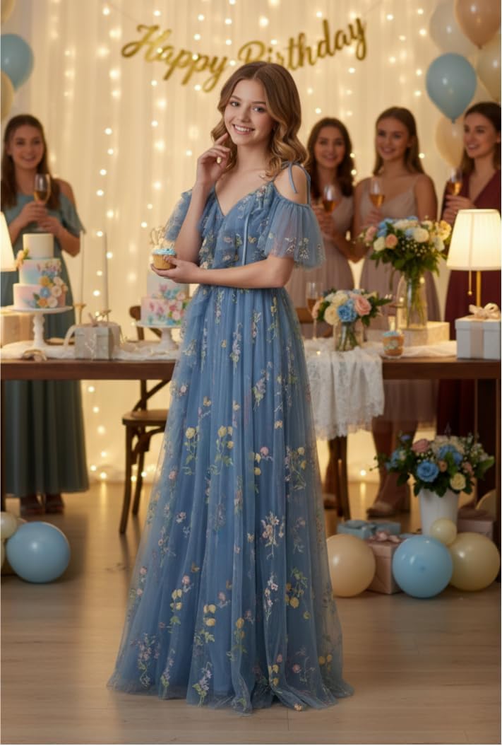 Maxianever Flower Embroidery Junior Bridesmaid Dresses with Slit Long Tulle Spaghetti Straps Fairy Formal Prom Gown - Image 3