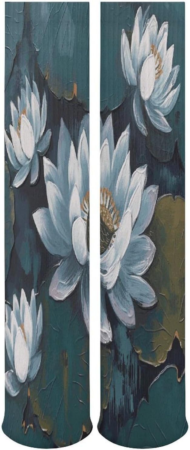 Hand Painted Lotus Knee High Socks Cozy Knee High Socks Soft Mid-Length Sock for All Seasons Daily Wear Adult