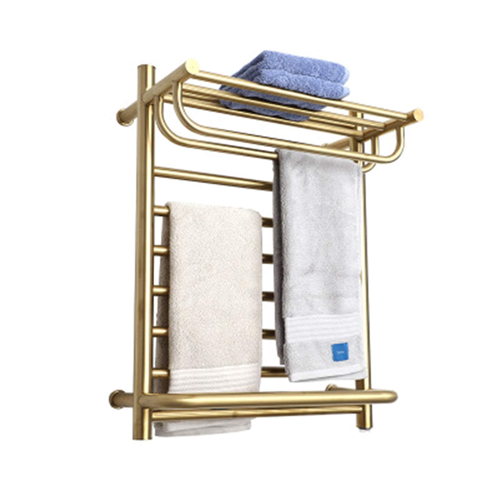 Calentador de toallas de acero inoxidable 304 con estante superior y acabado de lujo para pared