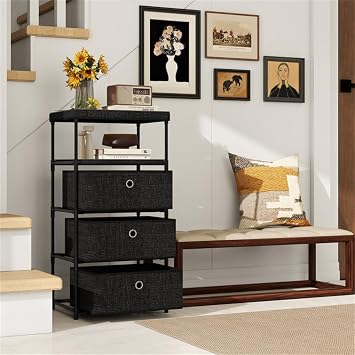 Fabric Storage Cabinet with Removable Drawers and Industrial Wood Top for Living Room, Bedroom, or Office Organization
