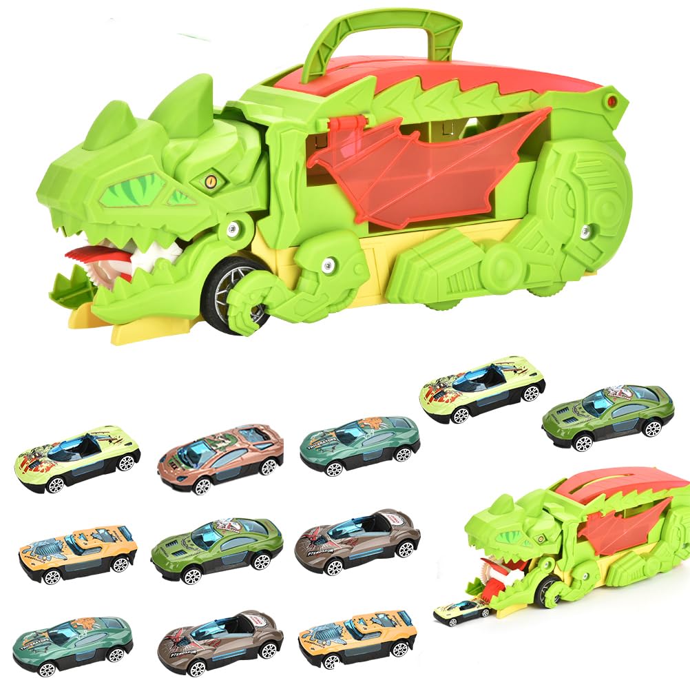 AilejiaTransformed Dinosaur Truck Car Toy with 11 Mini Pull Back Car, Dino Car Race Track Dinosaur Eating Cars with Wings and Handle for Kids Gifts Toys (Light Green)