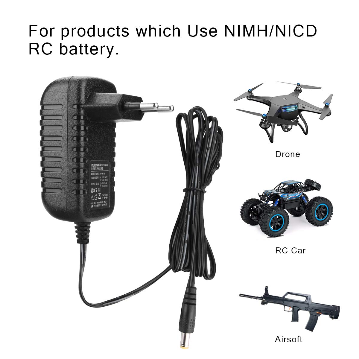 HTRC Caricabatterie Airsoft per Batteria NIMH/NICD 2-10s 2,4-12V, Caricabatterie RC Intelligente per Auto Rc Barca Rc Drone Softair, con 5 Terminali(Tamiya standard/Mini Tamiya/SM 2P/JST/HuanQi)