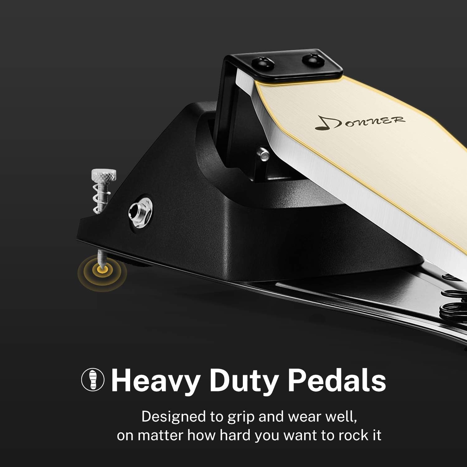Close-up of the heavy-duty kick pedal with 'Donner' branding.