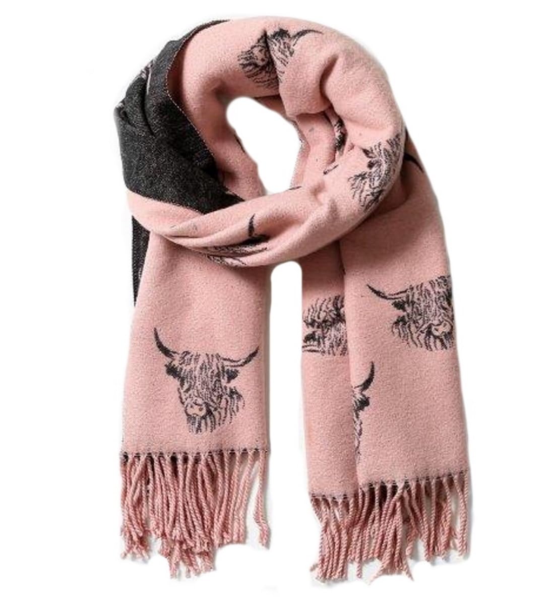 LilyRosa Women's Highland Cow Scarf Pink Black Cattle Coo Cashmere Blend Wrap