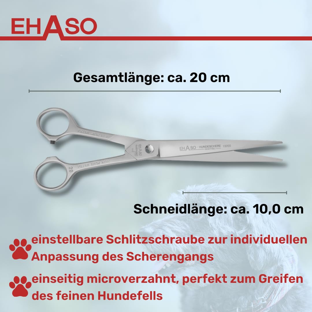 EHASO Hochwertige Gerade Hundeschere aus - Für langhaar & kurzhaar - 20 cm matt hohlschliff - Fellschere für Hunde & Katzen - Profischere für Jede Art von Fell direkt Solingen