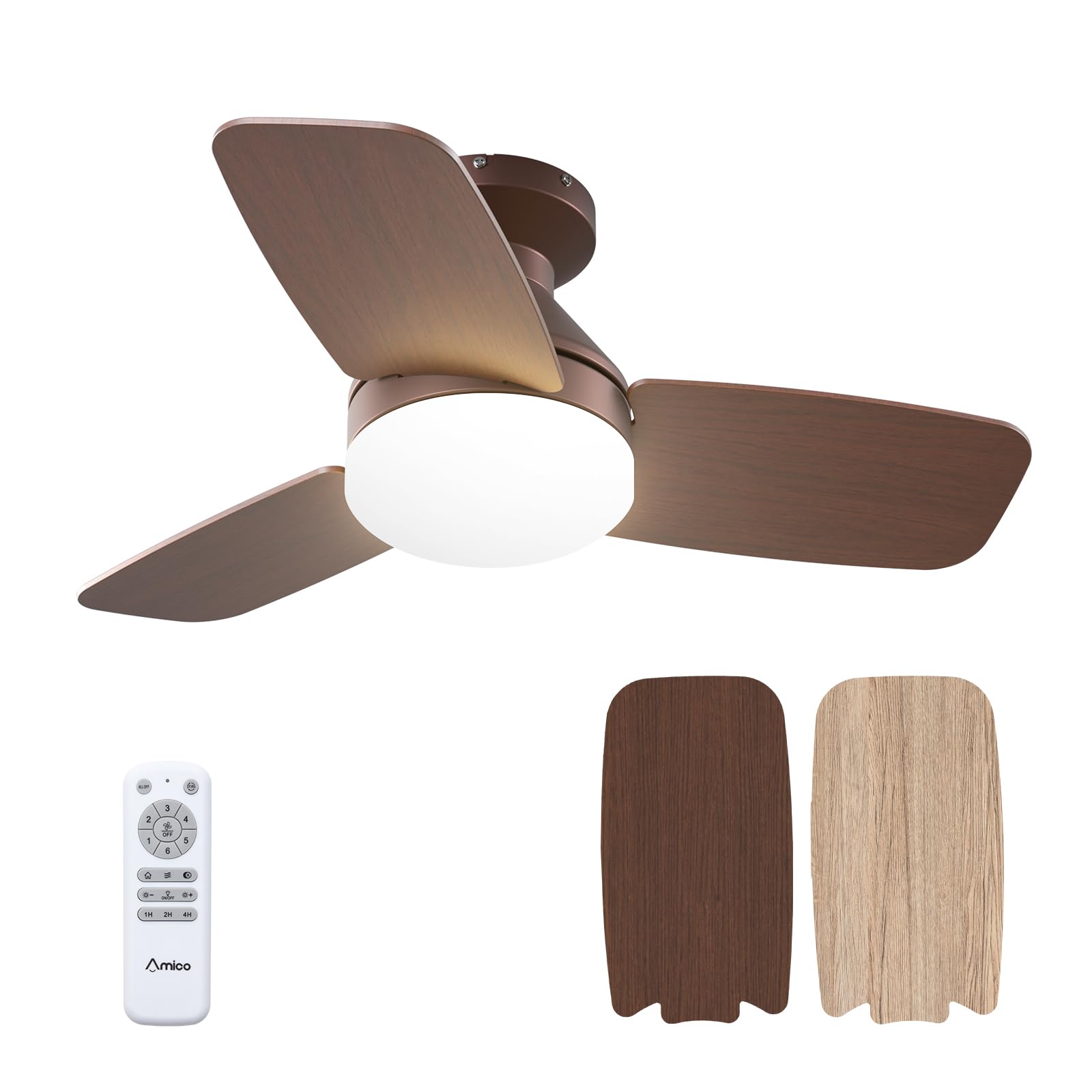 Amico 30 Inch Brown Low Profile Ceiling Fans with Lights and Remote
