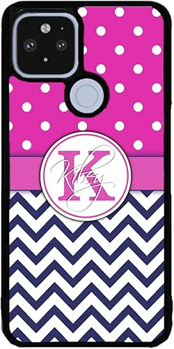 Miniatura 3 de Pink Polka Dots Blue Chevron Personalized Initial Black Rubber Phone Case Compatible With Google Pixel 10, 10 Pro, 10 Pro XL, 9a, 9 Pro, Pixel 9,