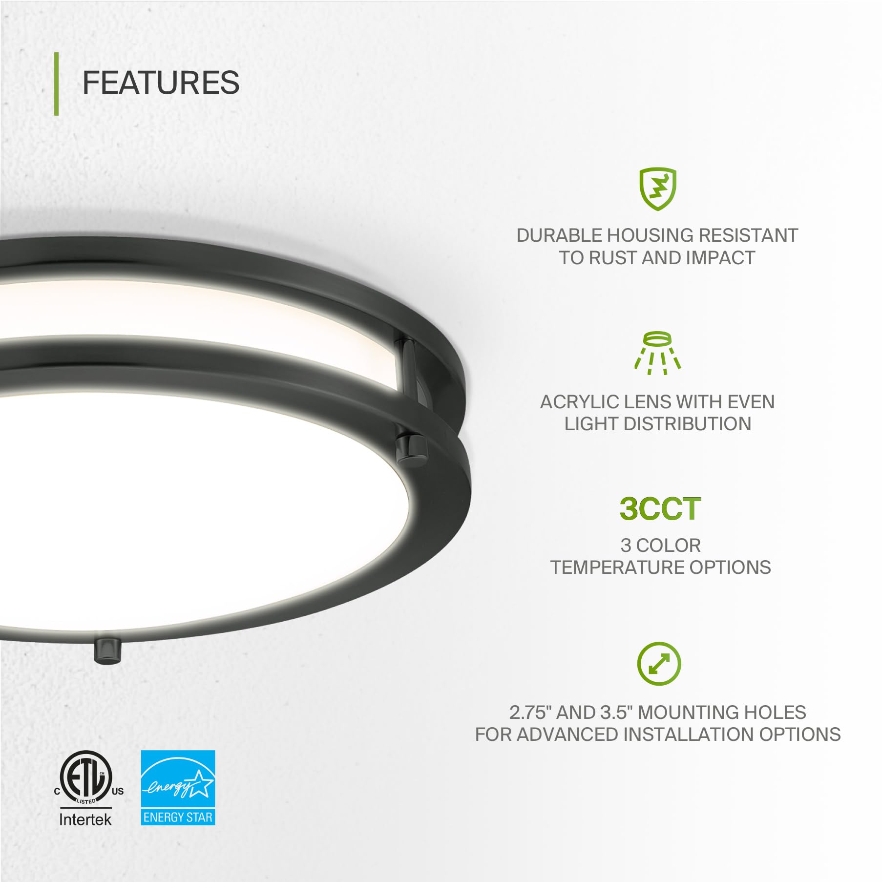 ASD LED 12 Inch Round Flush Mount Light Fixture | 20W 1550LM 3000K-5000K 120V | 3CCT, Dimmable, Energy Star, ETL Listed | Close to Ceiling Double Ring Lamp, Low Profile Lighting | Black