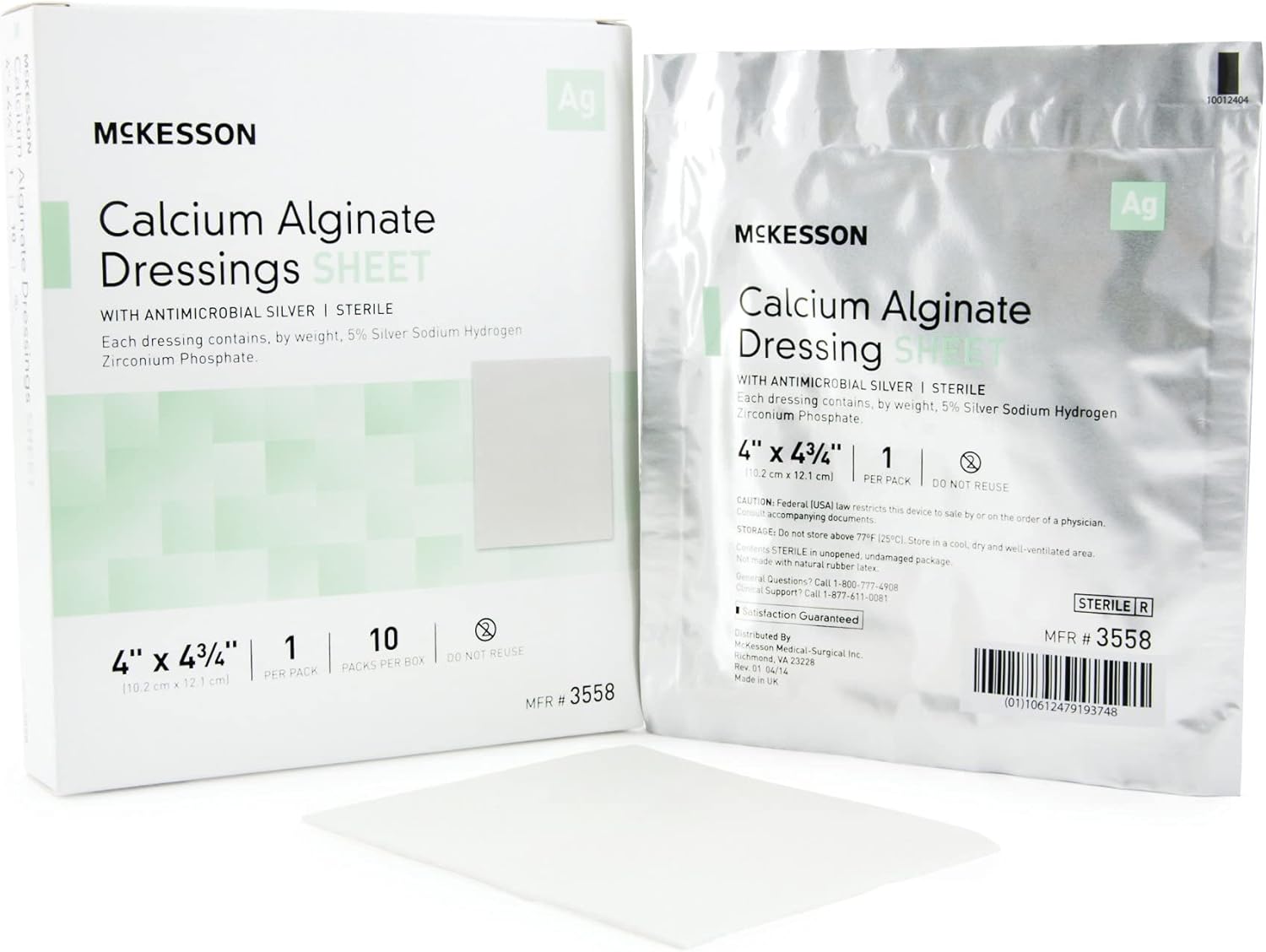 McKesson Calcium Alginate Dressing with Antimicrobial Silver, Sterile Gauze Pads, 4 in x 4 3/4 in, 10 Count