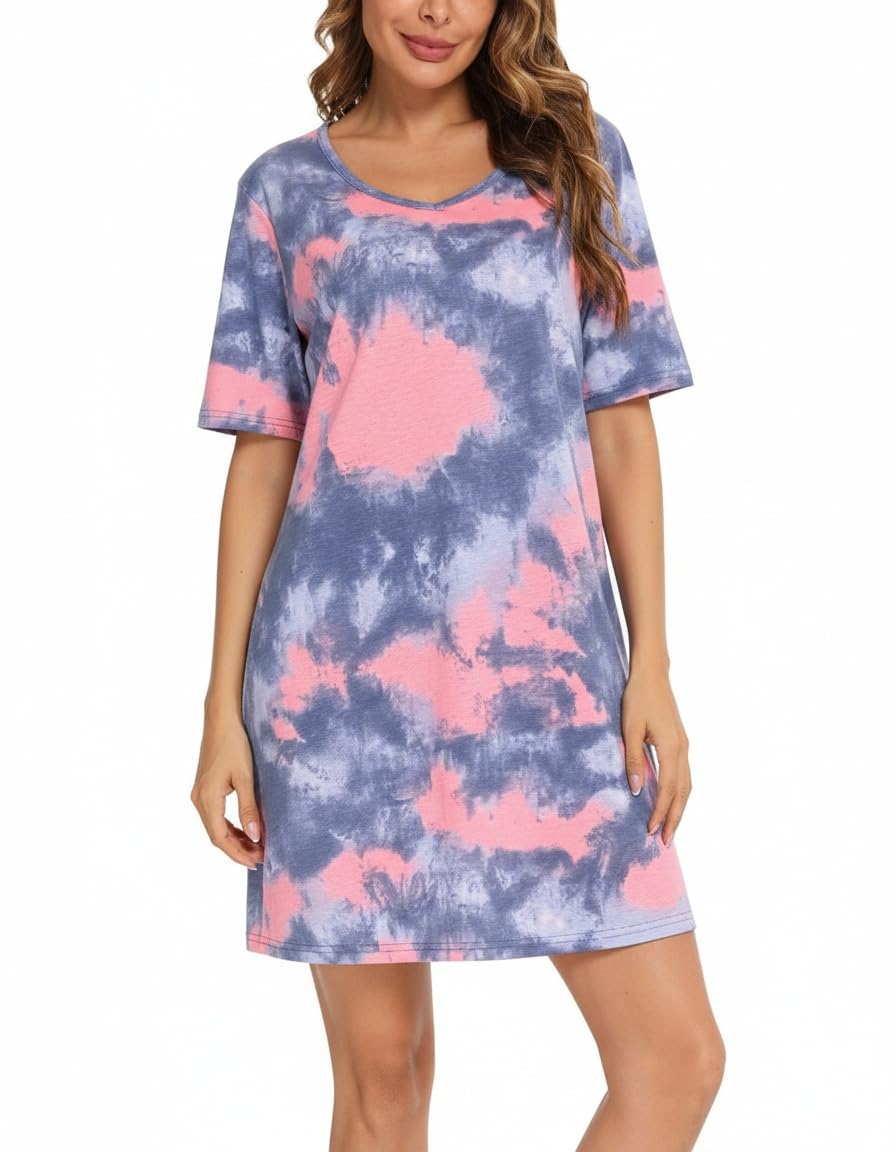Damen Nachthemd Kurzarm & Schlafkleid Bequemes aus Baumwolle mit modischem Print für Schlaf & Freizeit Gr. S-3XL