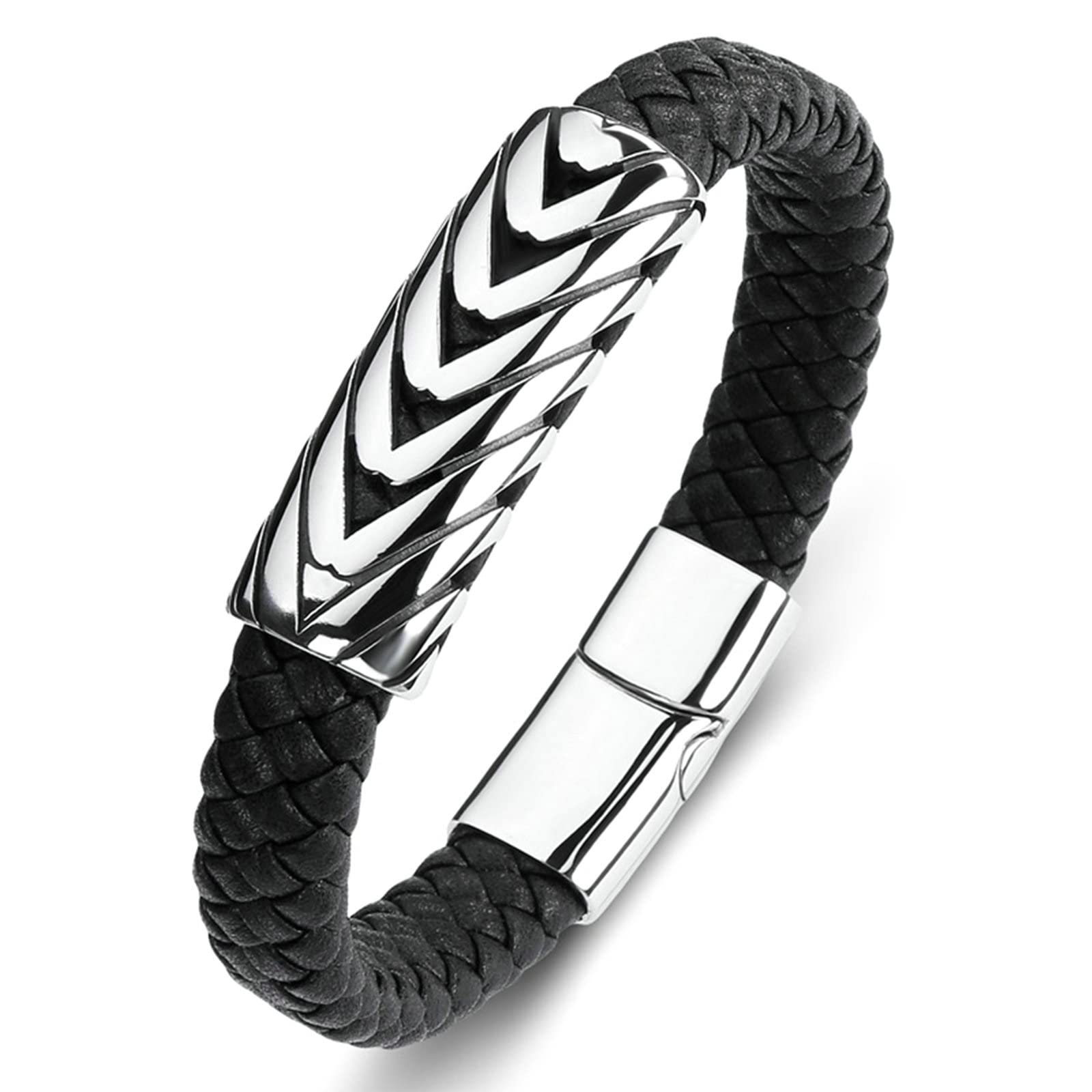 Pulsera para Hombre de Acero Inoxidable, Pulsera para Hombre, Pulsera de Cuero Trenzado con patrón de Flechas, 16,5 cm de Longitud, Pulsera Vintage, joyería