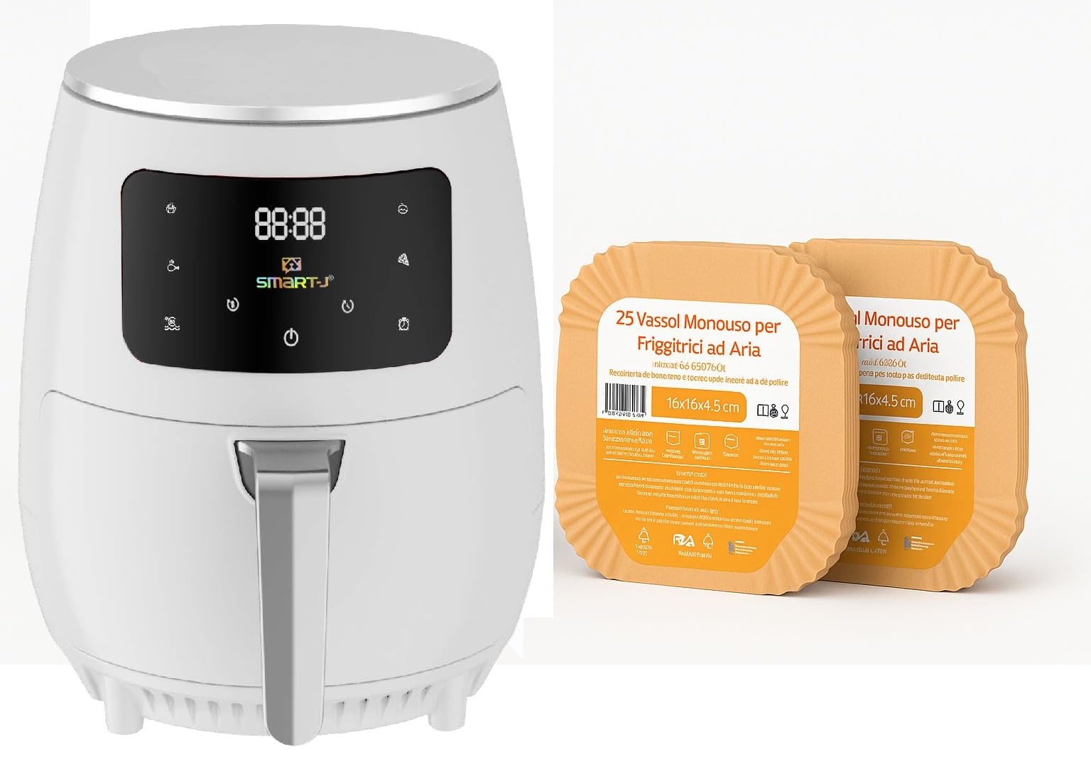 Friggitrice ad Aria 4.8L SMART·J Nera, 1400W, Display Touch, 6 Programmi, Spegnimento Automatico – Include 50 Vassoi Carta Forno Compatibili