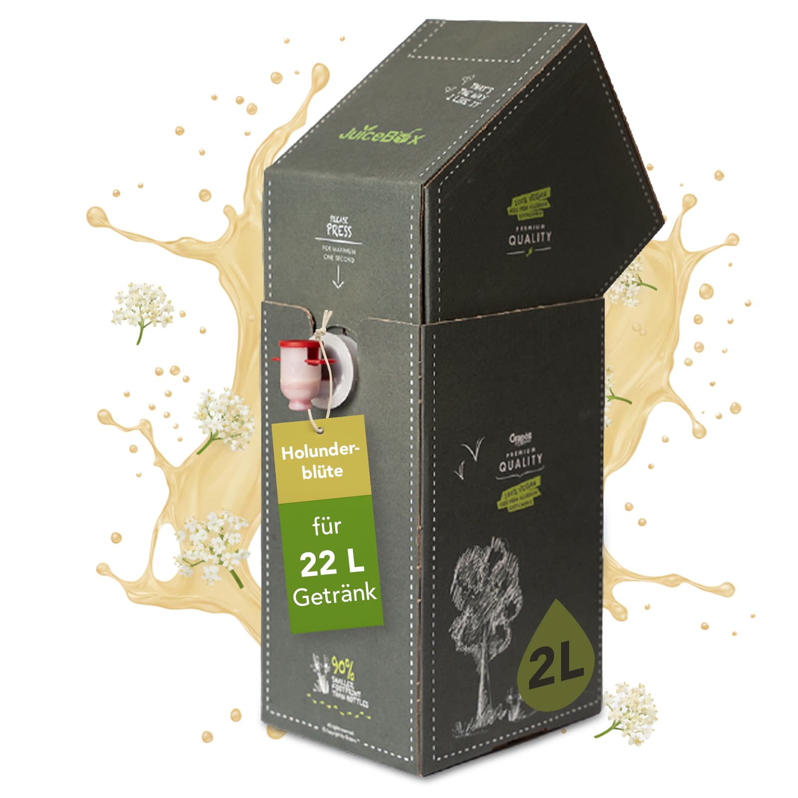 JuiceBox Holunderblüten-Sirup - 2 Liter, ergibt 22 Liter erfrischendes, trinkfertiges Getränk, umweltfreundlich, pflanzenbasiert, lecker und eine verantwortungsbewusste Wahl für nachhaltige Hydration