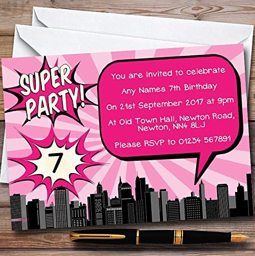 Pink Comic Superhero Personalized Childrens Birthday Party Invitations