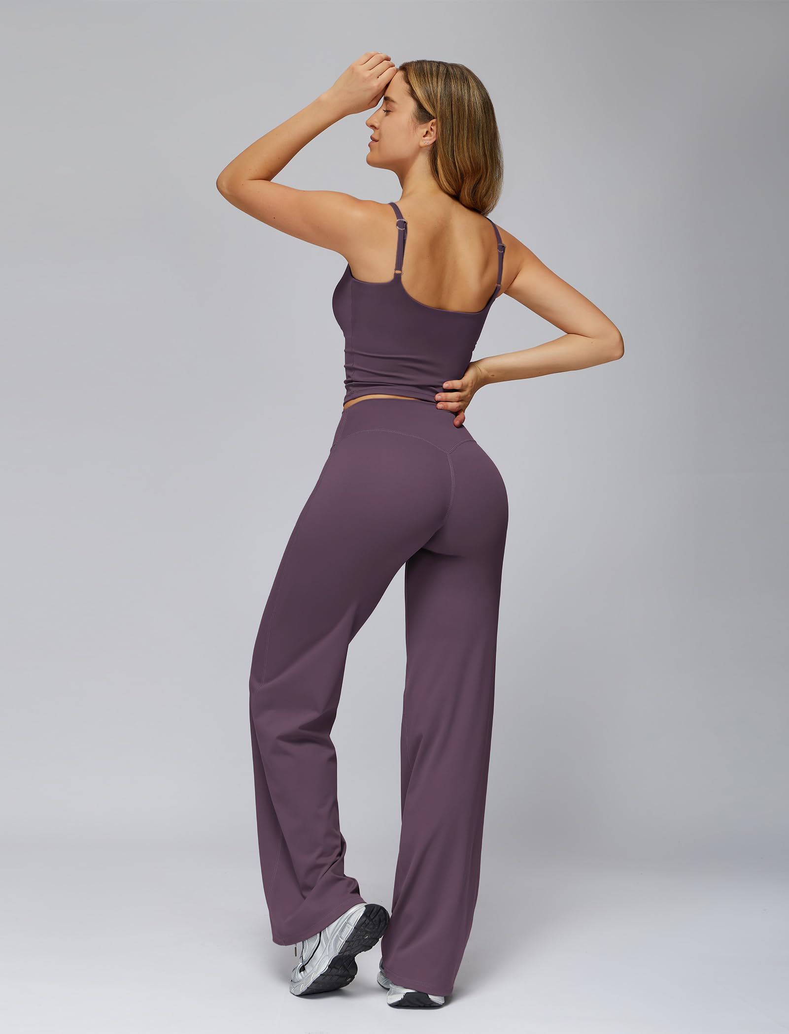 Odizli Conjunto de deporte para mujer, camiseta de espaguetis con sujetador integrado + cintura alta pierna ancha, leggings para fitness, gimnasio, yoga
