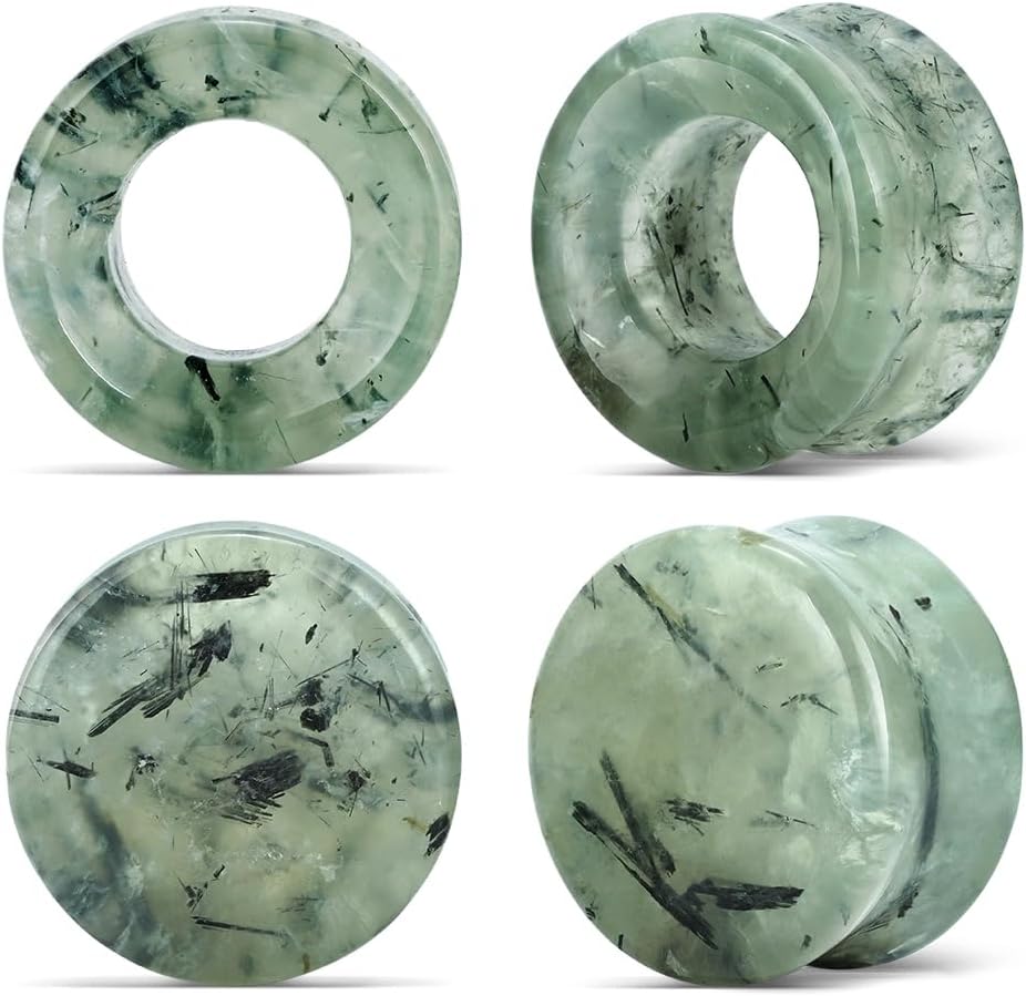 PUNKYOUTH 4PCS Natural Prehnite Stone Ear Tunnels Set Double Flare Ear Plug Gauges Unique Green Crystal Body Piercing Jewelry for Women Men 6mm to 25mm 2g to 1 inch Expansion Stretched Lobe